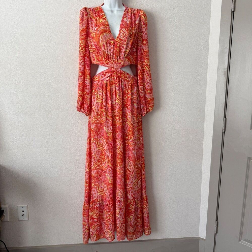 Fate Cutout Maxi Dress M Multicolor V-Neck Long Sleeve Open Slit Vacation Beach